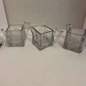 MCM Etched Glass Creamer & Sugar Set – Square Cut Crystal with Floral Design